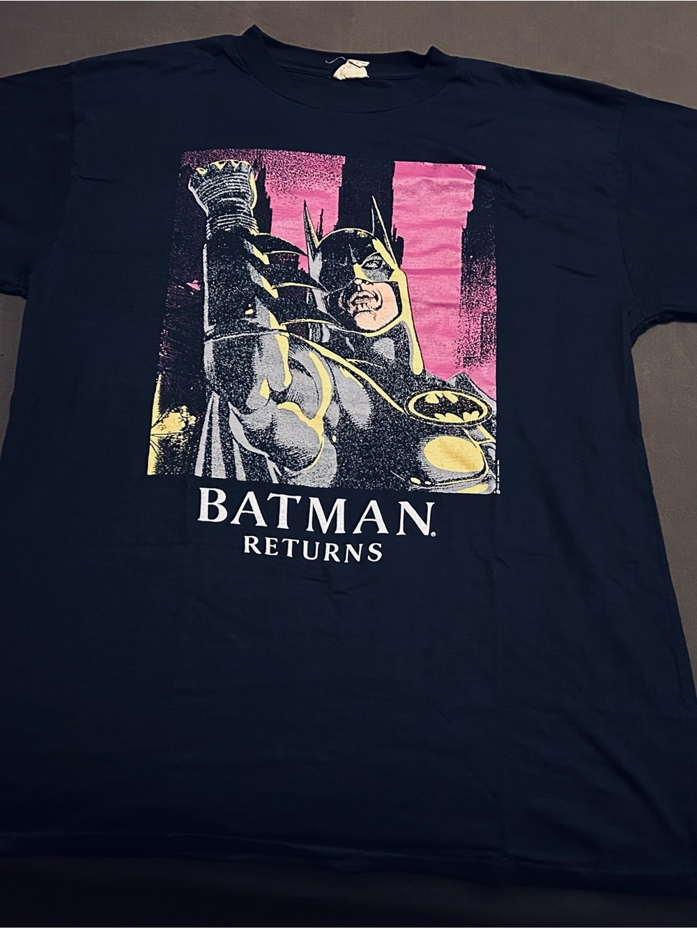 Batman Returns Graphic Tee — Black with Pink & Yellow Artwork